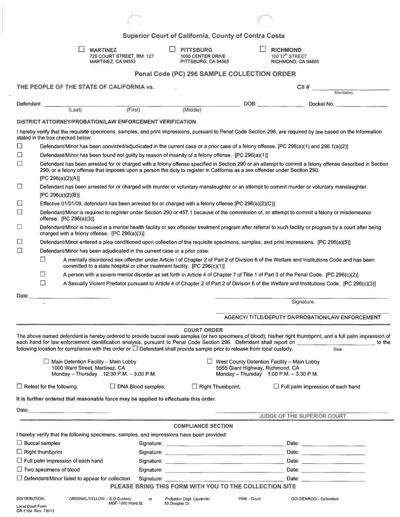 PC 286 Sample Collection Form {CR-110A} | Pdf Fpdf Docx | California