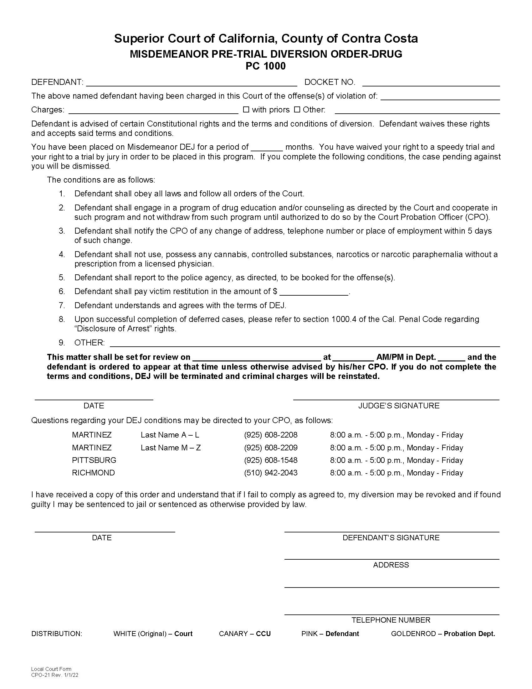 Pre-Trial Misd Drug Diversion Order {CPO-21} | Pdf Fpdf Docx | California