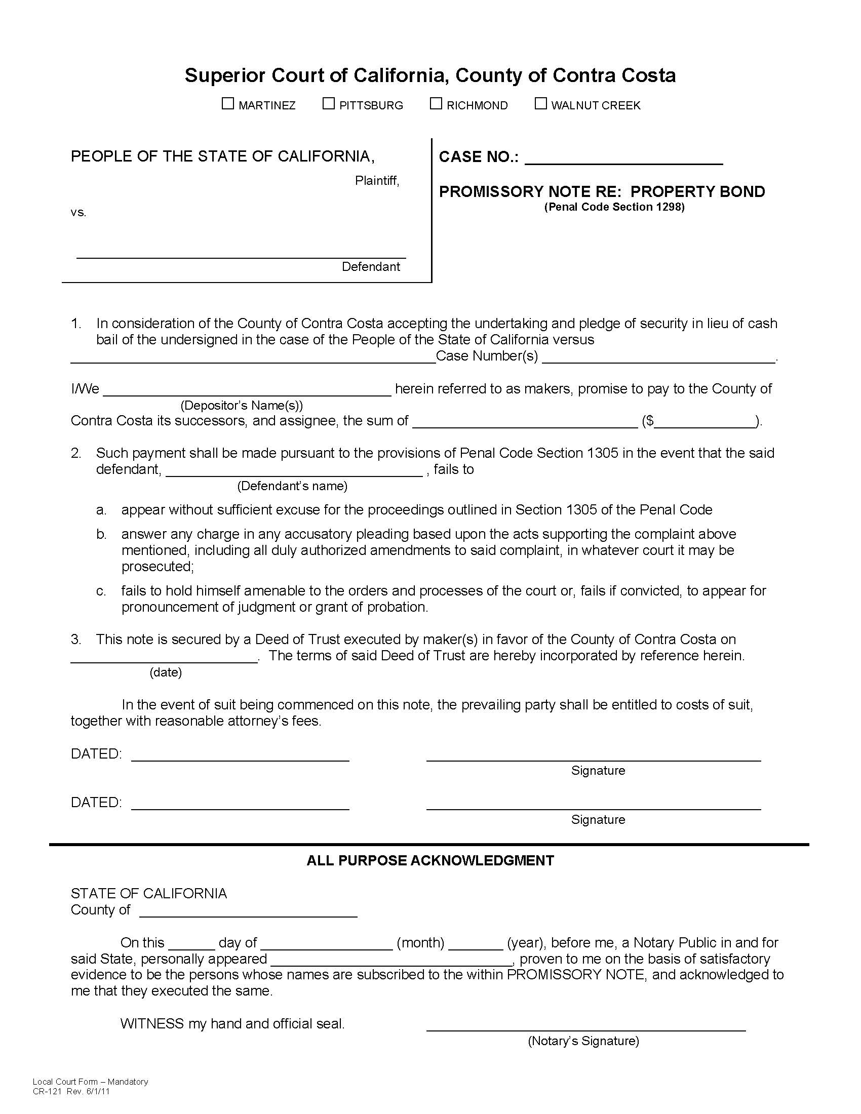 Promissory Note Re Property Bond {CR-121} | Pdf Fpdf Docx | California