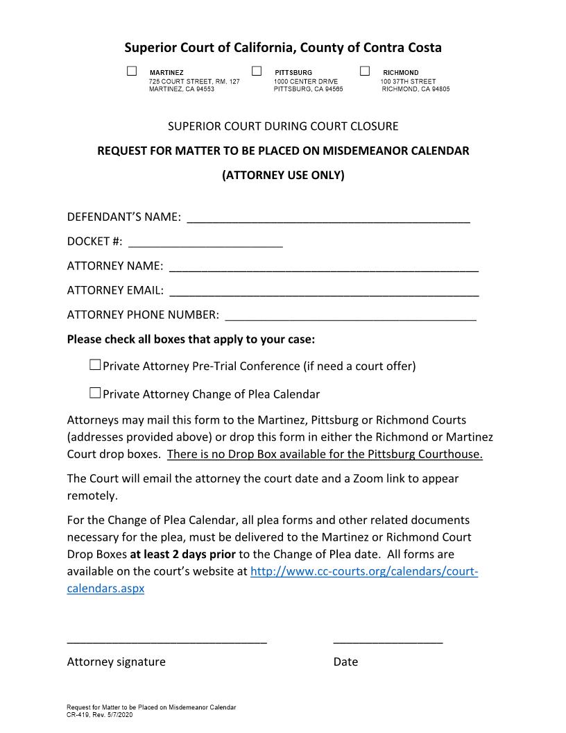 Request For Matter To Be Placed On Misdemeanor Calendar {CR-419} | Pdf Fpdf Docx | California