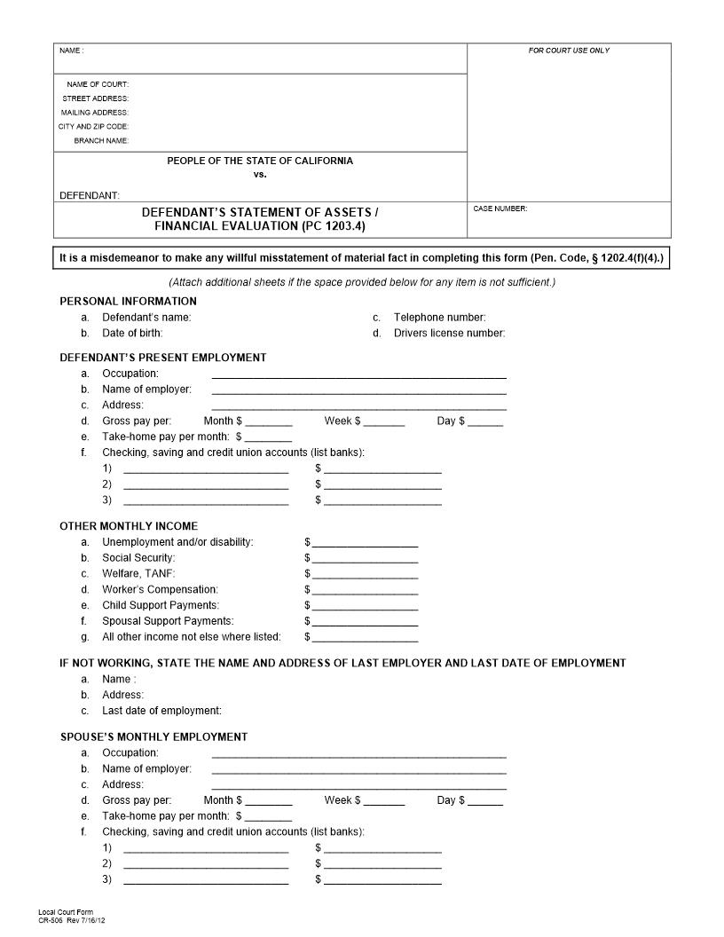 Statement Of Assets-Financial Evaluation {CR-506} | Pdf Fpdf Docx | California