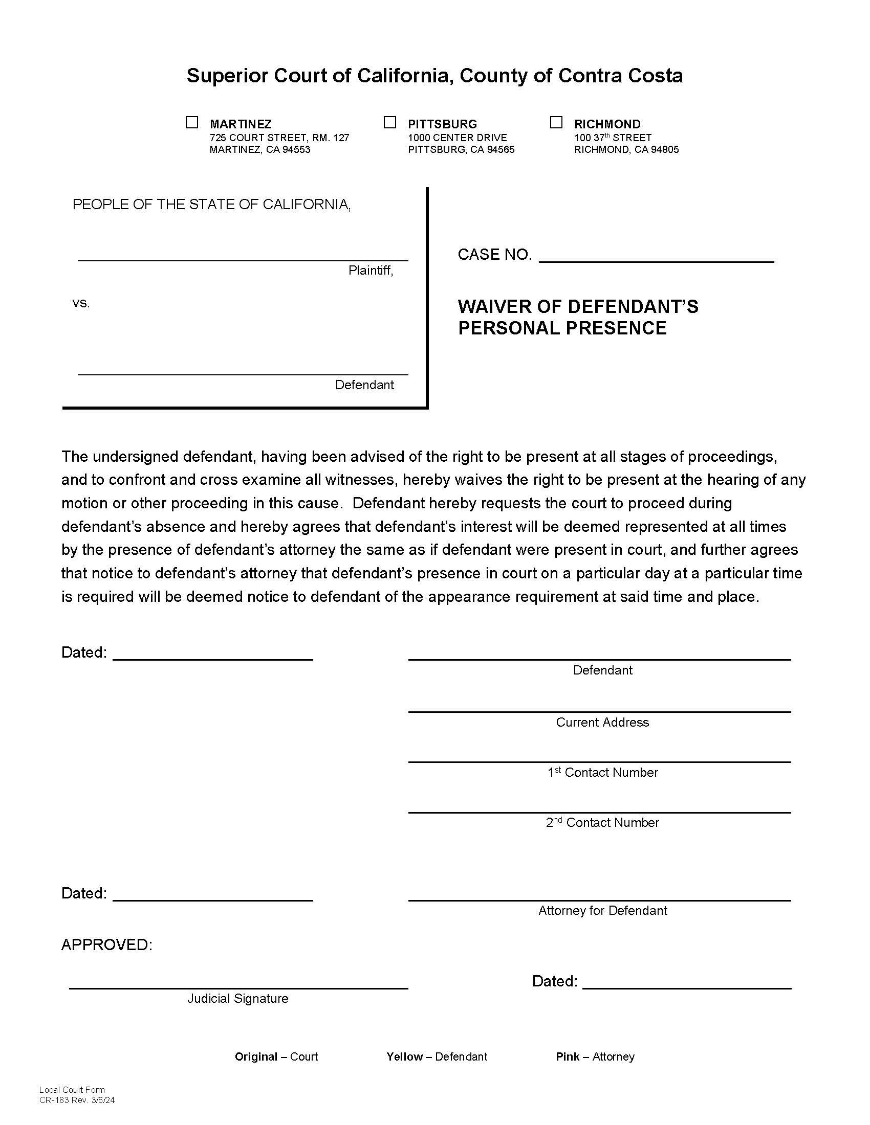 Waiver Of Personal Presence {CR-183} | Pdf Fpdf Docx | California