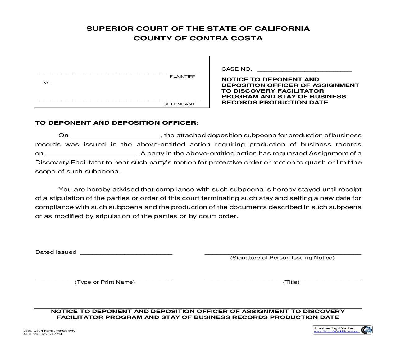 Notice To Deponent And Deposition Officer Of Assignment To Discovery {ADR-618} | Pdf Fpdf Doc Docx | California