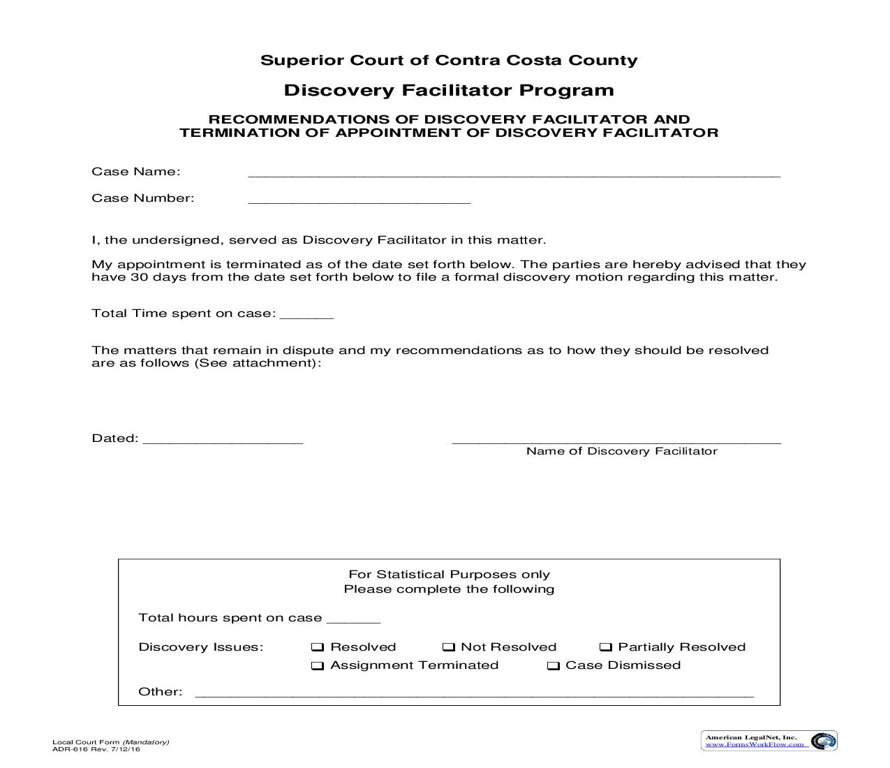 Recommendations Of Discovery Facilitator And Termination Of Appointment Of Discovery Facilitator {ADR-616} | Pdf Fpdf Doc Docx | California