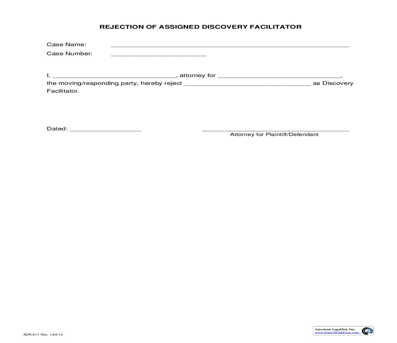 Rejection Of Assigned Discovery Facilitator {ADR-617} | Pdf Fpdf Doc Docx | California