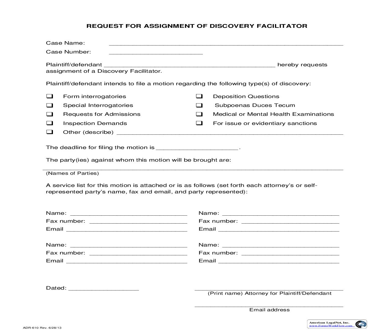 Request For Assignment Of Discovery Facilitator {ADR-610} | Pdf Fpdf Doc Docx | California