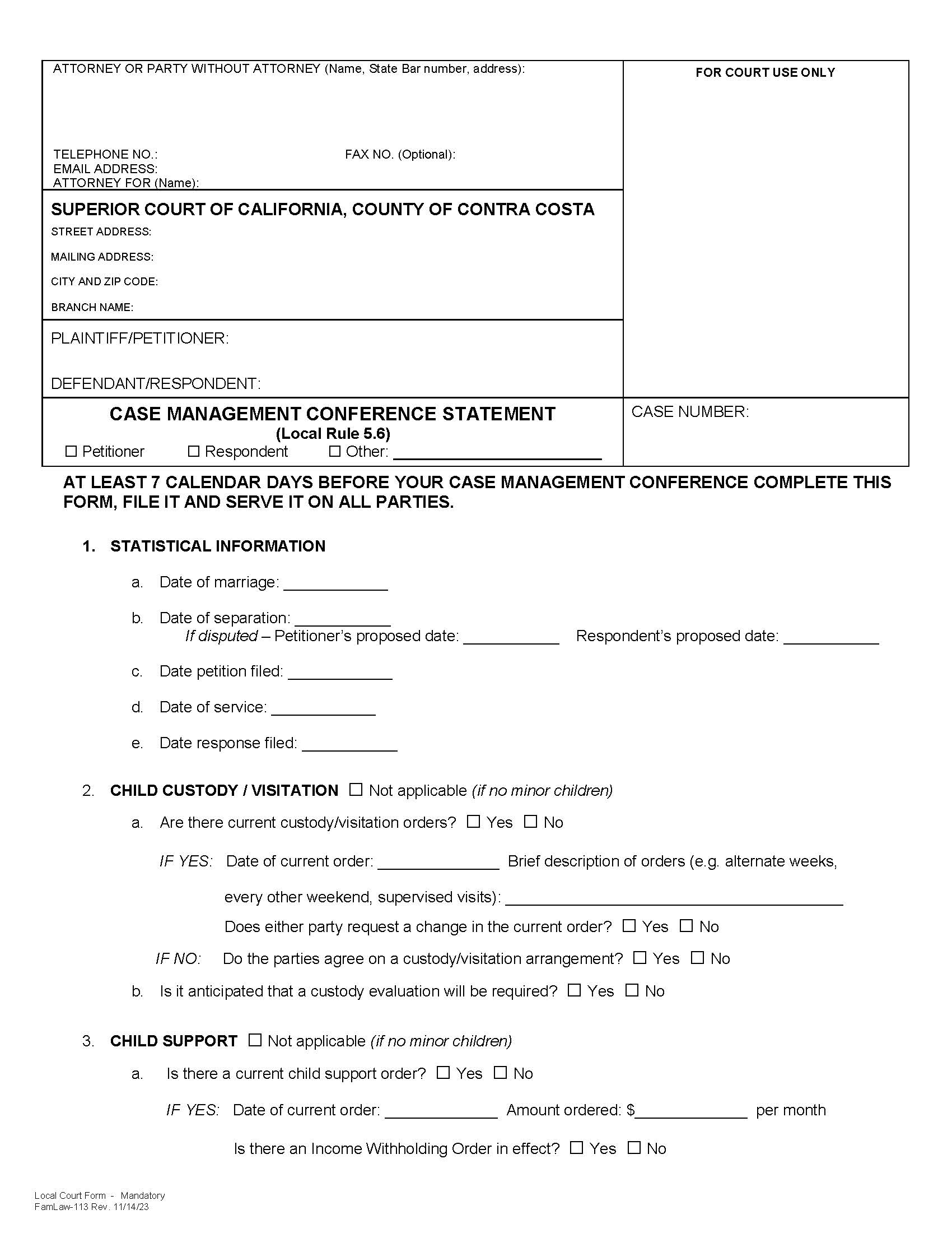 Case Management Conference Statement {FamLaw-113} | Pdf Fpdf Doc Docx | California