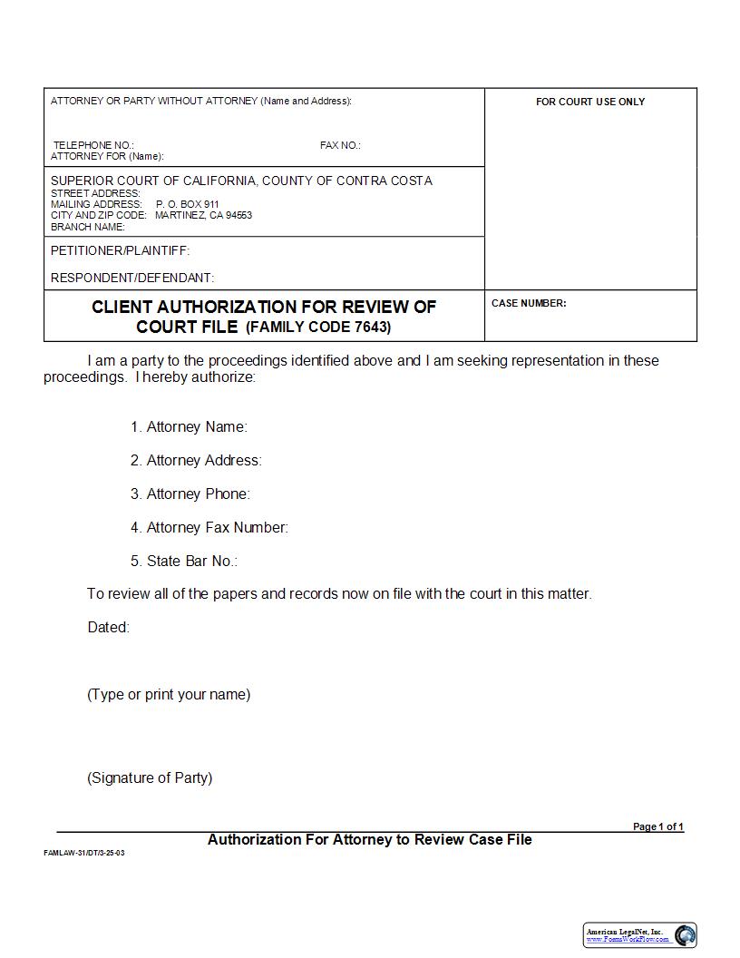 Client Authorization For Review Of Court File (Family Code 7643) {FamLaw-31} | Pdf Fpdf Docx | California