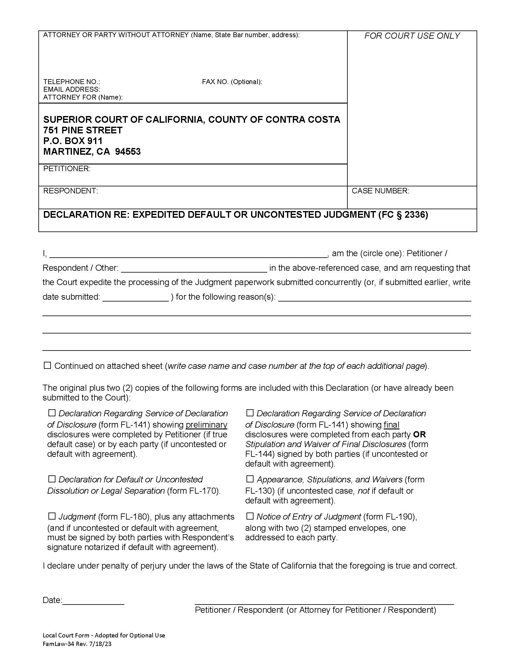 Declaration Re Expedited Default Or Uncontested Judgment {FamLaw34} | Pdf Fpdf Doc Docx | California