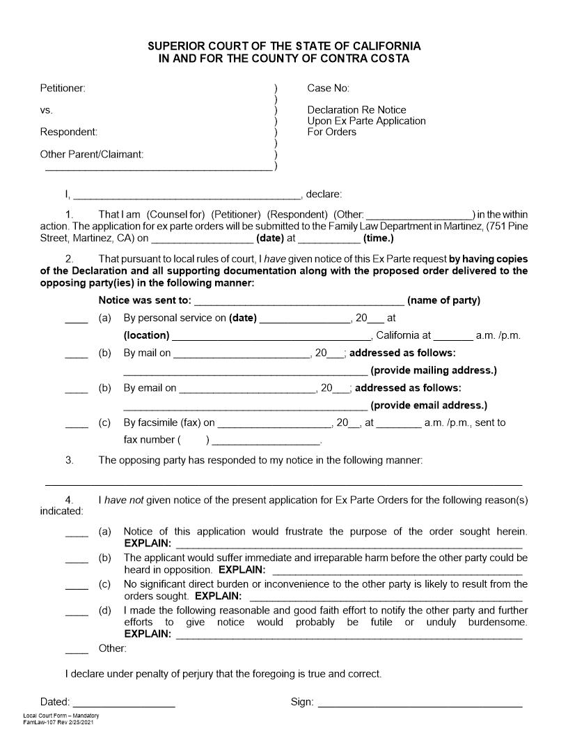 Declaration Re Notice Upon Ex Parte Application {FamLaw-107} | Pdf Fpdf Docx | California