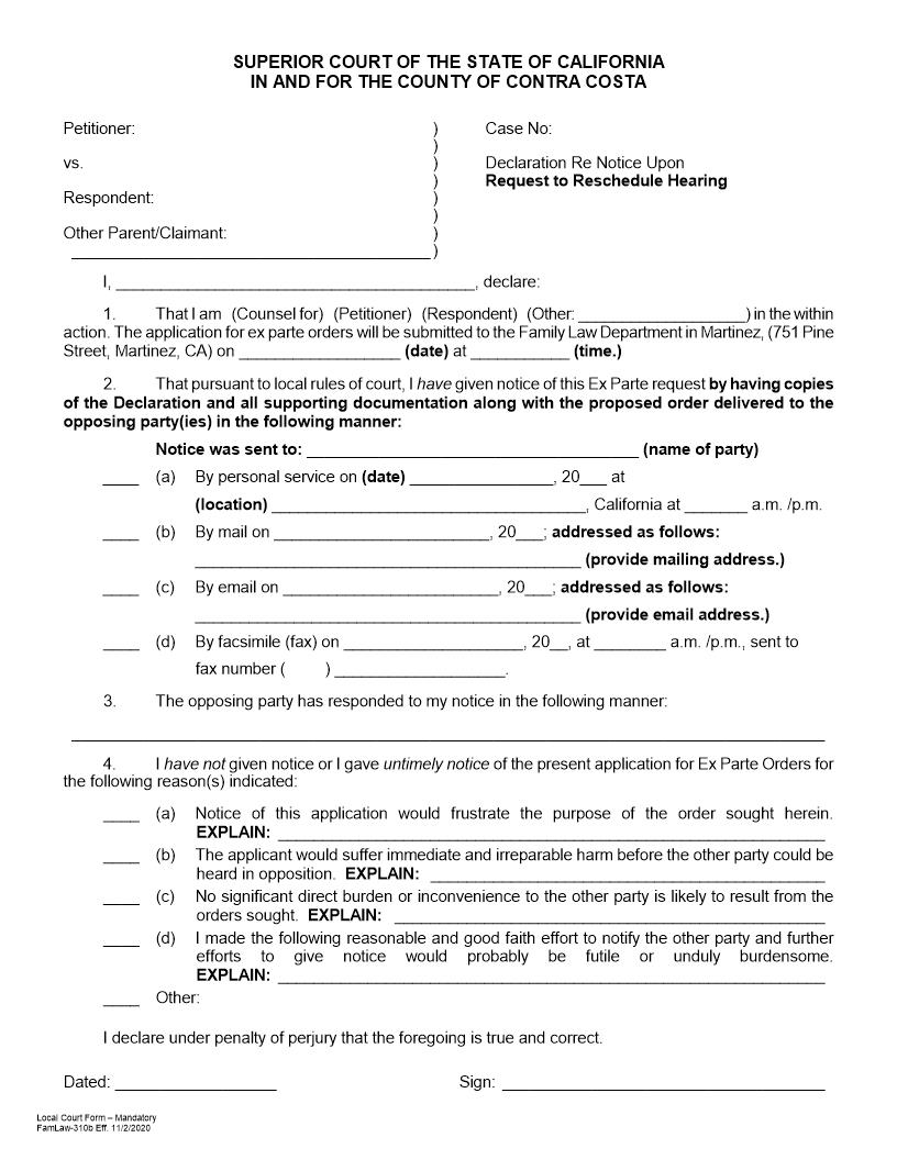 Declaration Re Notice Upon Request To Reschedule Hearing {FamLaw-310b} | Pdf Fpdf Docx | California