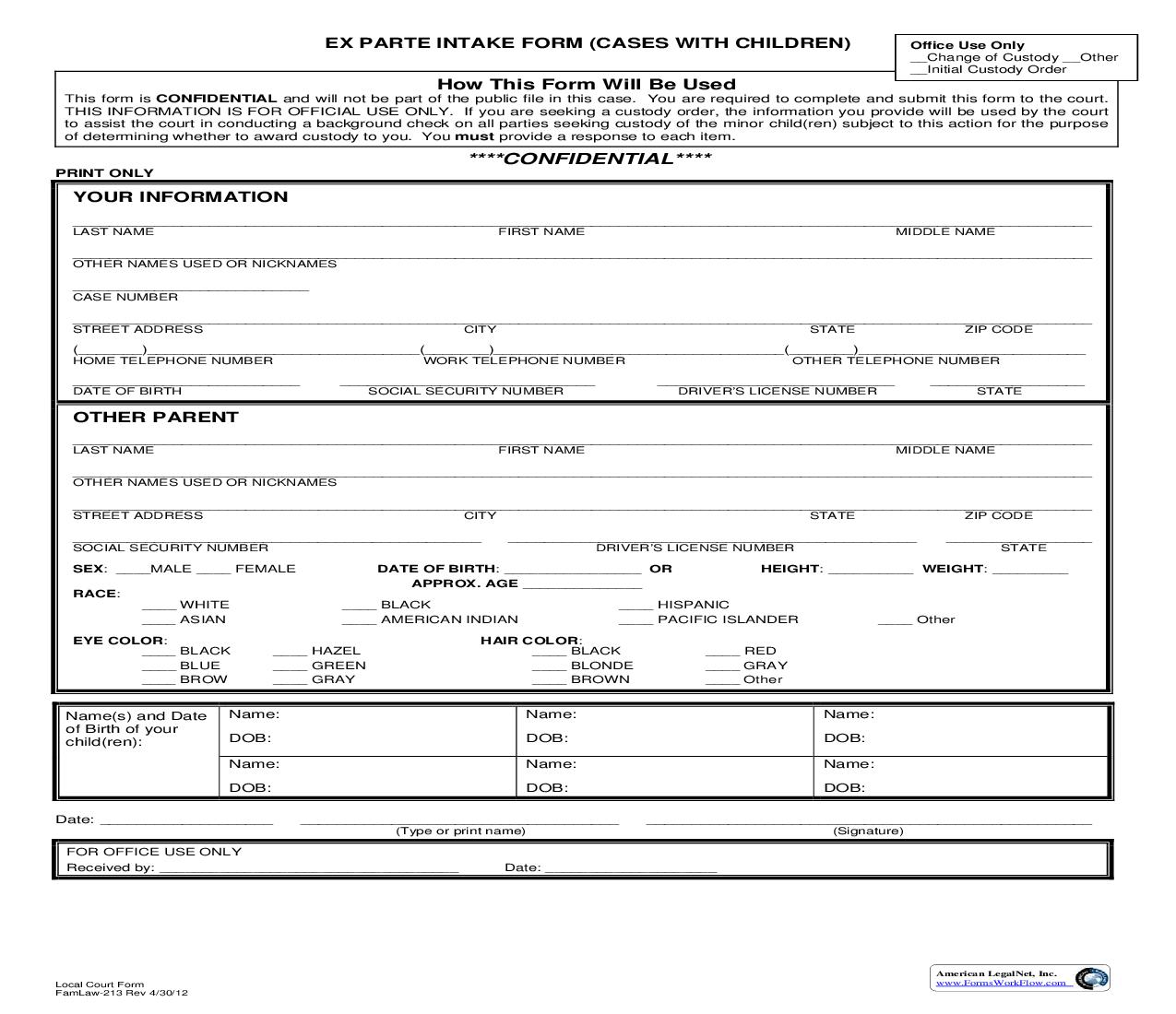 Ex Parte TRO Intake Form (Cases With Children) {FamLaw-213} | Pdf Fpdf Doc Docx | California