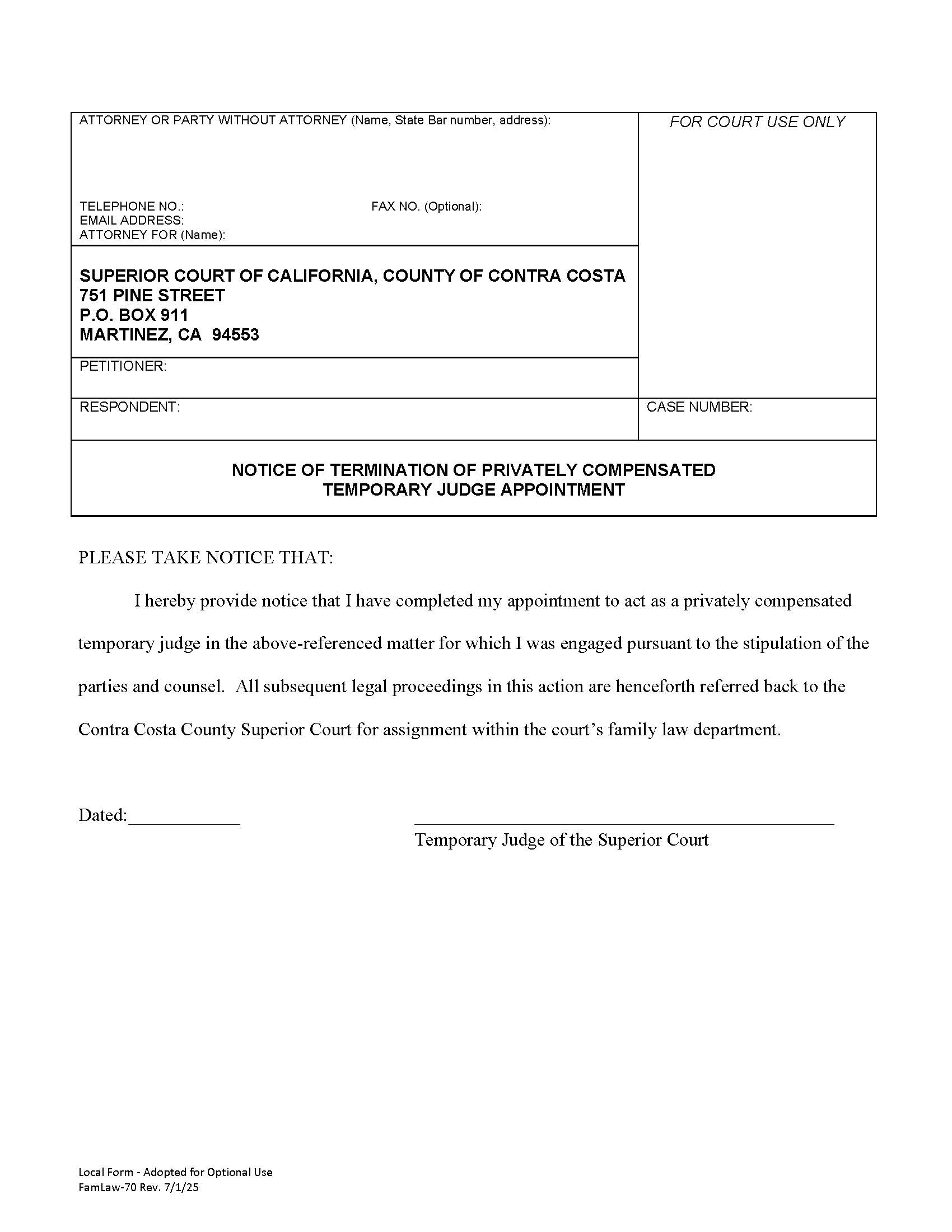 Notice Of Termination Of Temporary Judge Appointment {FamLaw-70} | Pdf Fpdf Docx | California