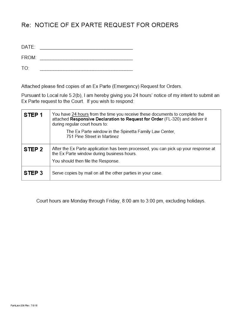 Notice Upon Ex Parte Application For Orders {FamLaw-206} | Pdf Fpdf Docx | California
