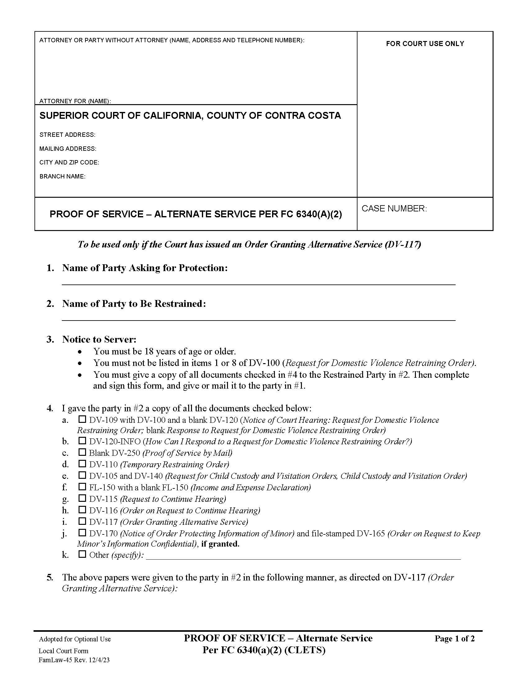 Proof Of Alternative Service {FamLaw-45} | Pdf Fpdf Docx | California