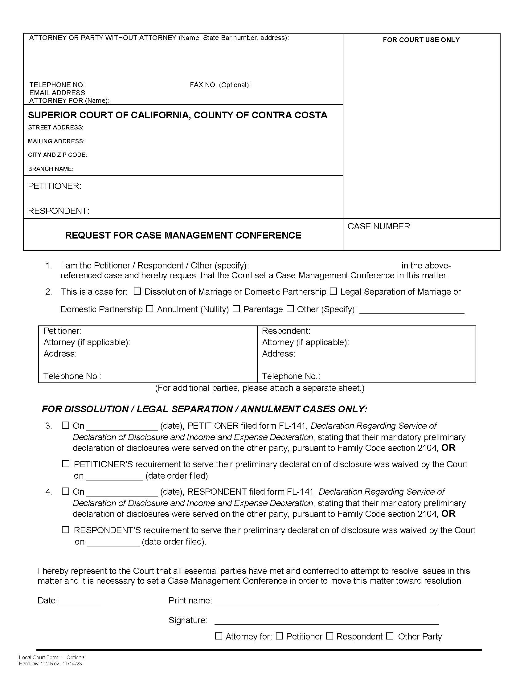 Request For Case Management Conference {FamLaw-112} | Pdf Fpdf Doc Docx | California