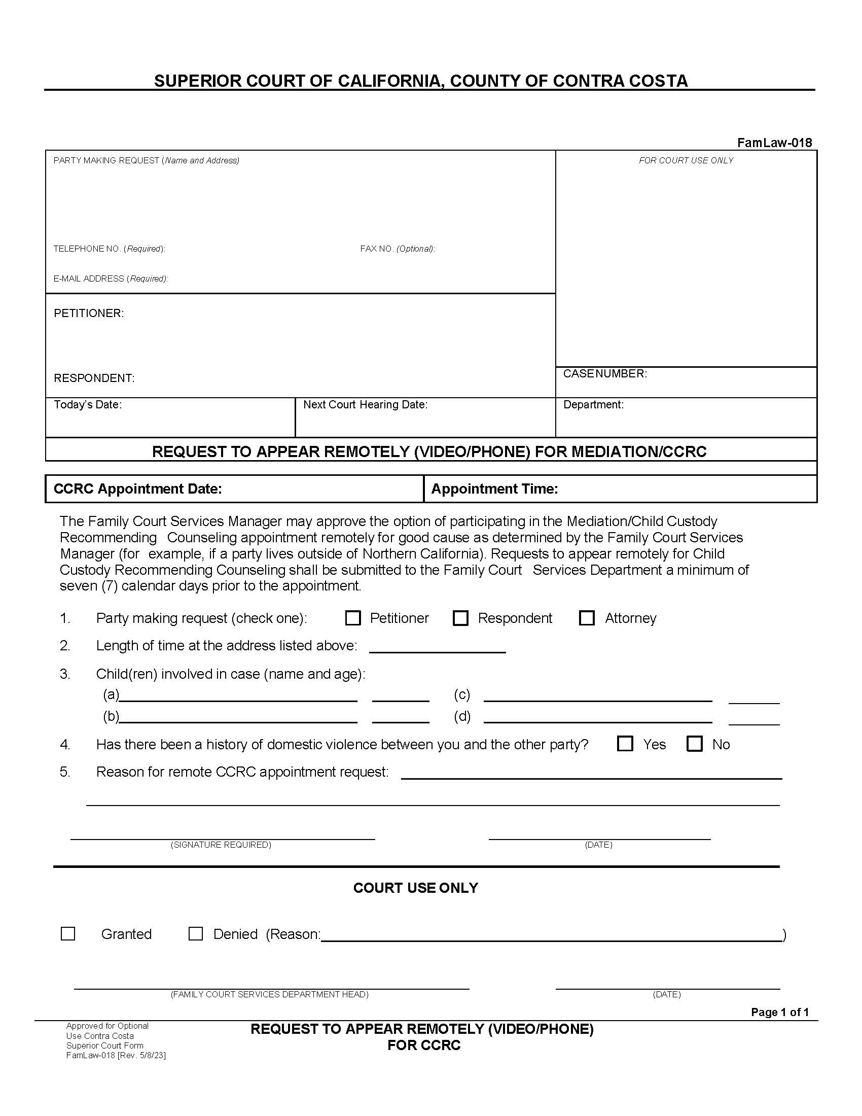 Request To Appear Remotely For Mediation {FamLaw-018} | Pdf Fpdf Docx | California