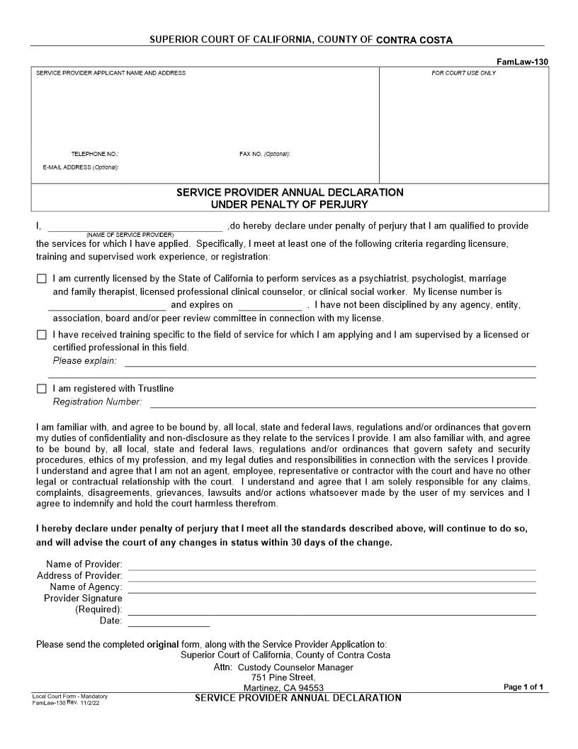 Service Provider Annual Declaration {FamilyLaw-130} | Pdf Fpdf Docx | California