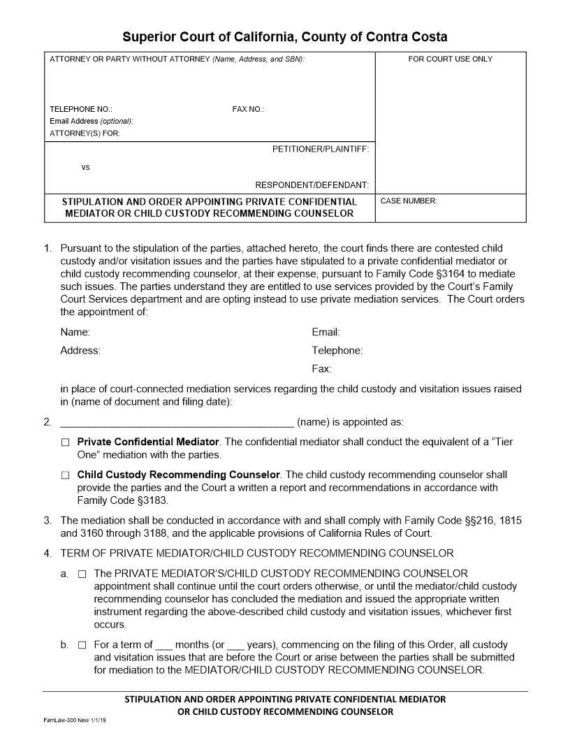 Stipluation And Order Appointing Private Confidential Mediator Or Child Custody Recommending Counselor {FamLaw-300} | Pdf Fpdf Docx | California