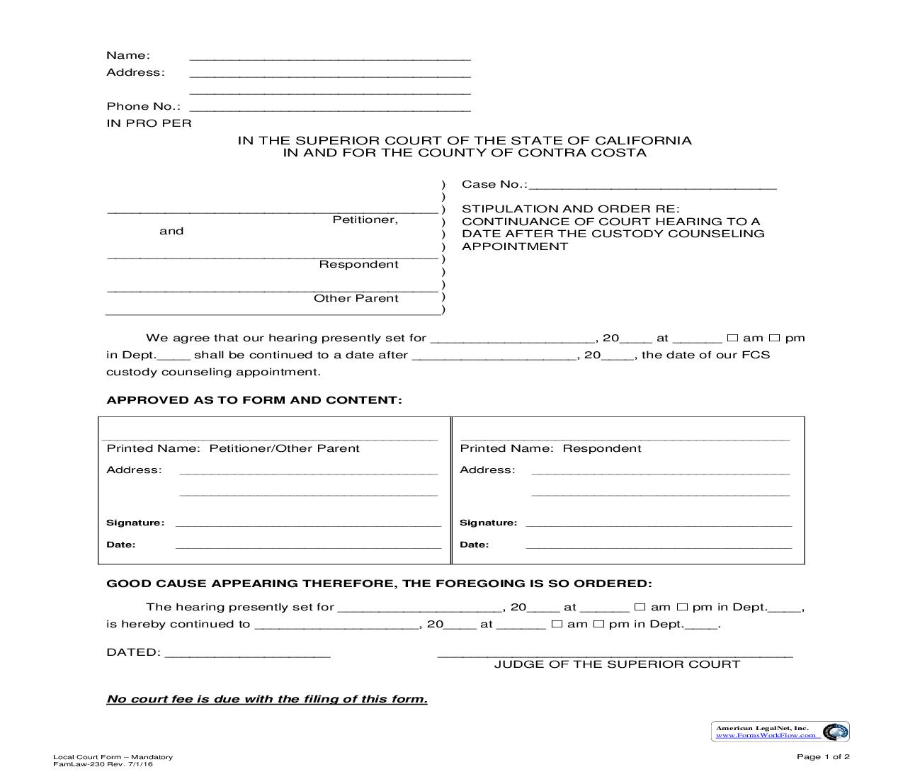 Stipulation And Order Re Continuance Of Court Hearing {FamLaw-230} | Pdf Fpdf Doc Docx | California