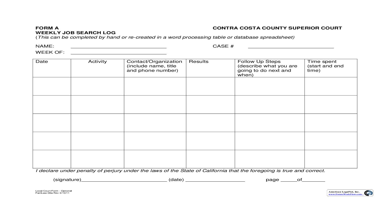 Weekly Job Search Log {FamLaw-06a} | Pdf Fpdf Doc Docx | California