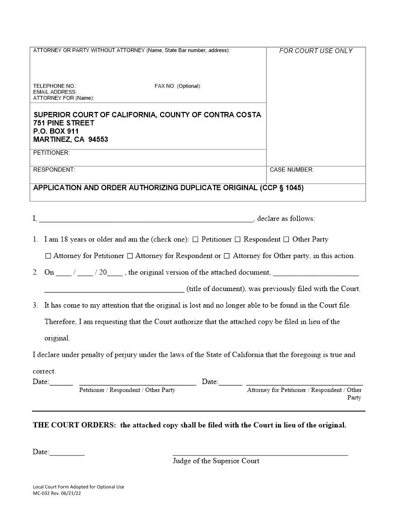 Application And Order Authorizing Duplicate Orginal {MC-032} | Pdf Fpdf Docx | California