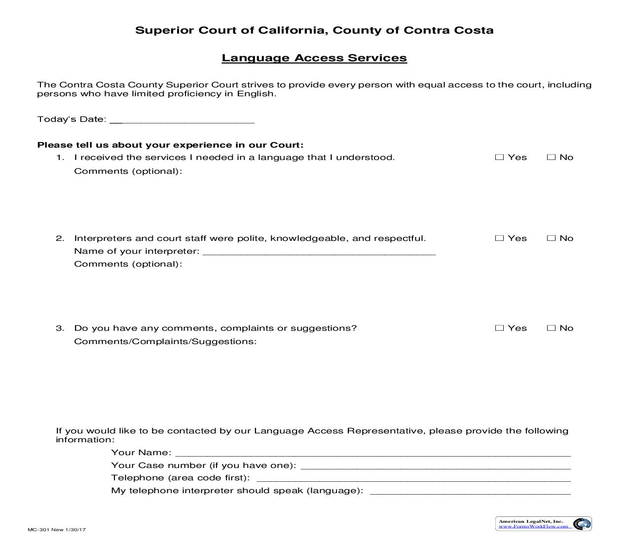 Language Access Service Complaint Form {MC-301} | Pdf Fpdf Doc Docx | California