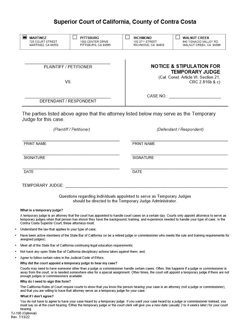 Notice And Stipulation For Temporary Judge {TJ-100} | Pdf Fpdf Docx | California
