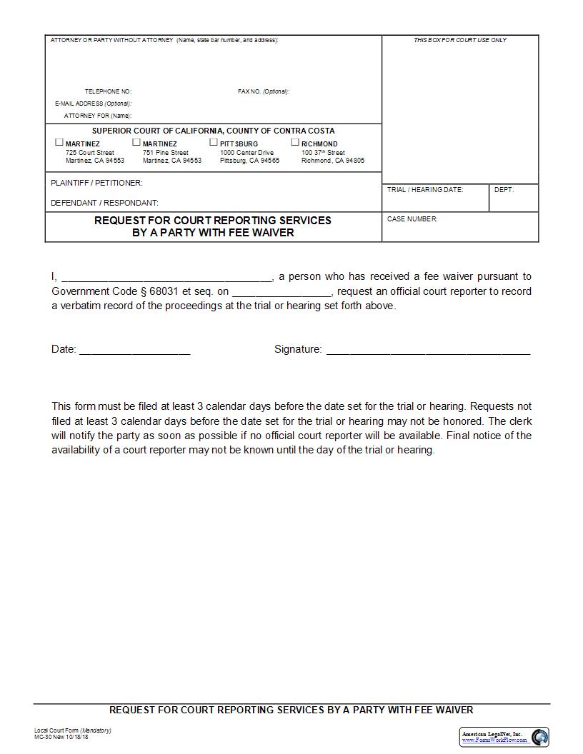 Request For Court Reporting Services By A Party With Fee Waiver {MC-30} | Pdf Fpdf Docx | California