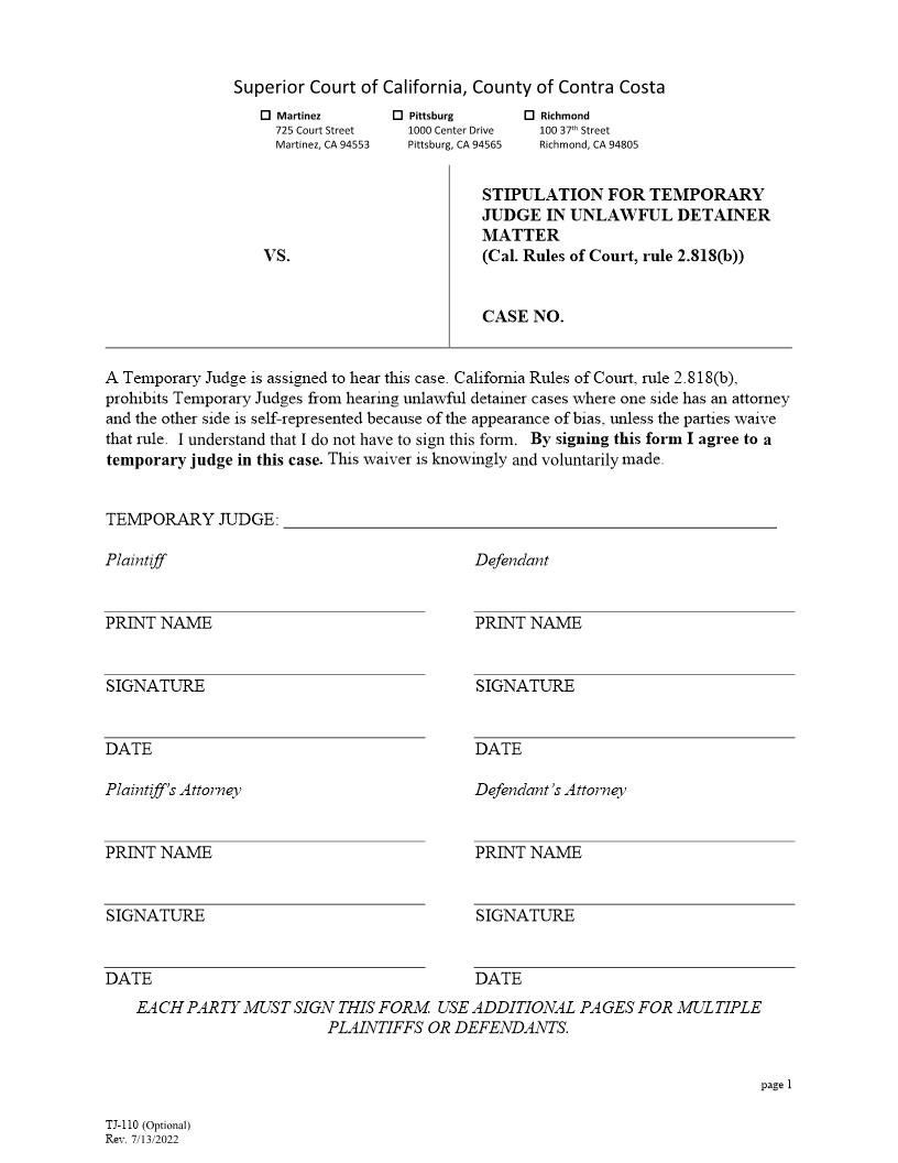 Stipulation To Temporary Judge In Unlawful Detainer Matter {TJ-110} | Pdf Fpdf Docx | California