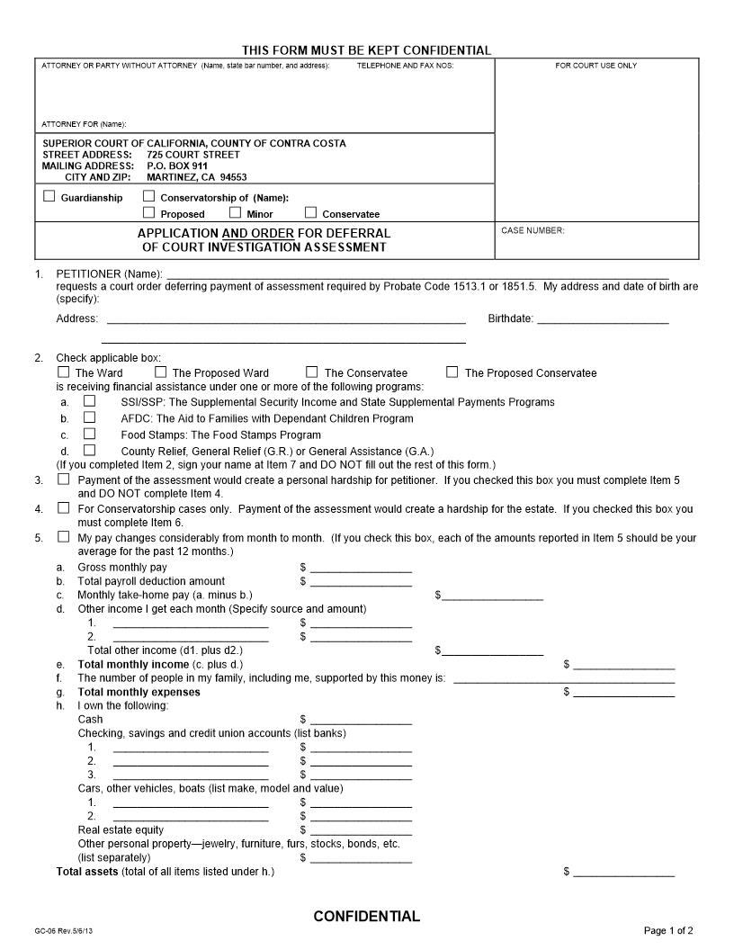 Application And Order For Deferral Of Court Investigation Assessment {GC-06} | Pdf Fpdf Docx | California