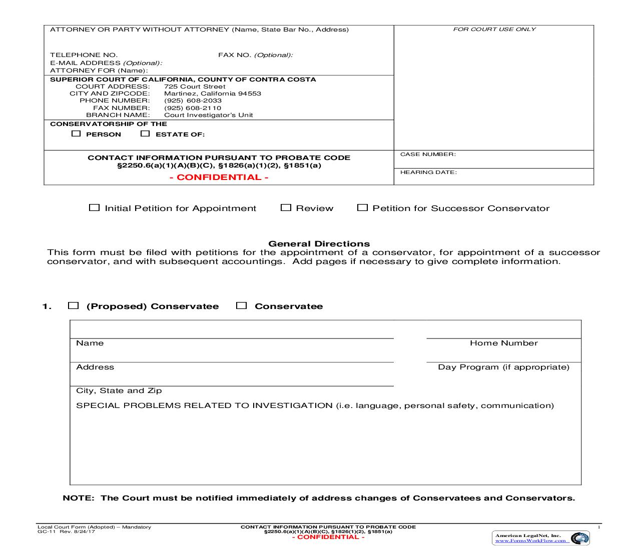 Contact Information Pursant To Probate Code {GC-11} | Pdf Fpdf Doc Docx | California