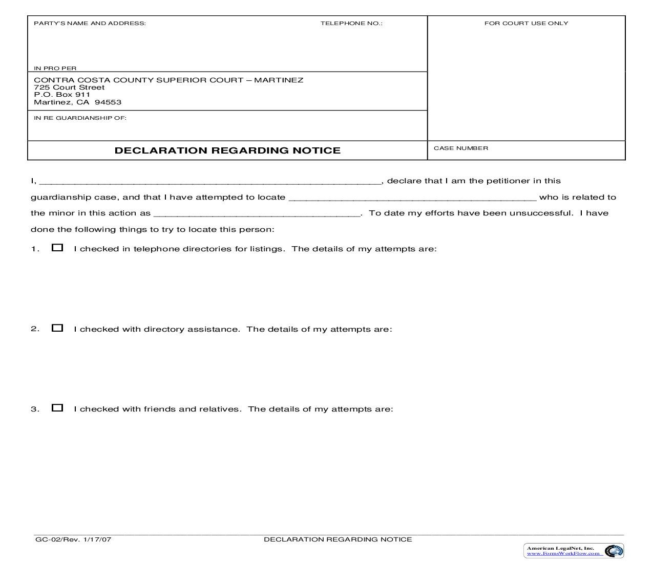 Declaration Regarding Notice {GC-02} | Pdf Fpdf Doc Docx | California