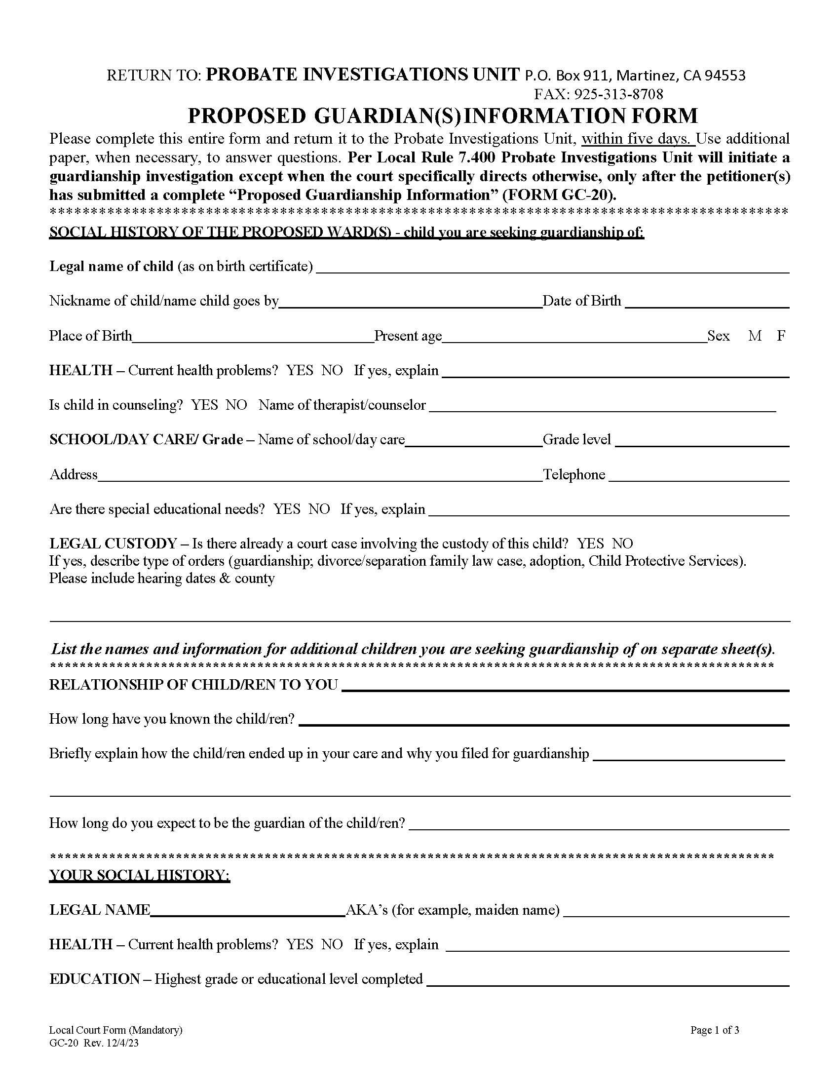 Proposed Guardian Information Form {GC-20} | Pdf Fpdf Docx | California
