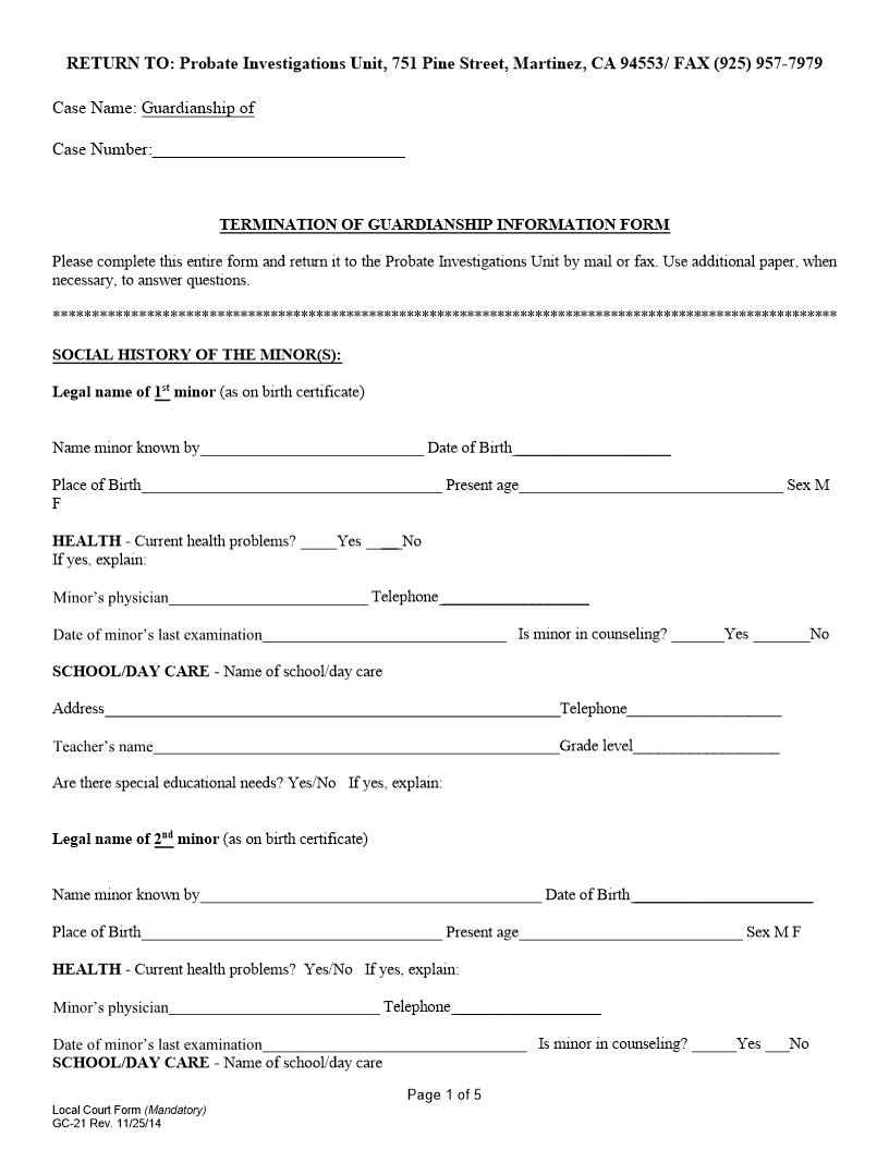 Termination Of Guardianship Information Form {GC-21} | Pdf Fpdf Docx | California