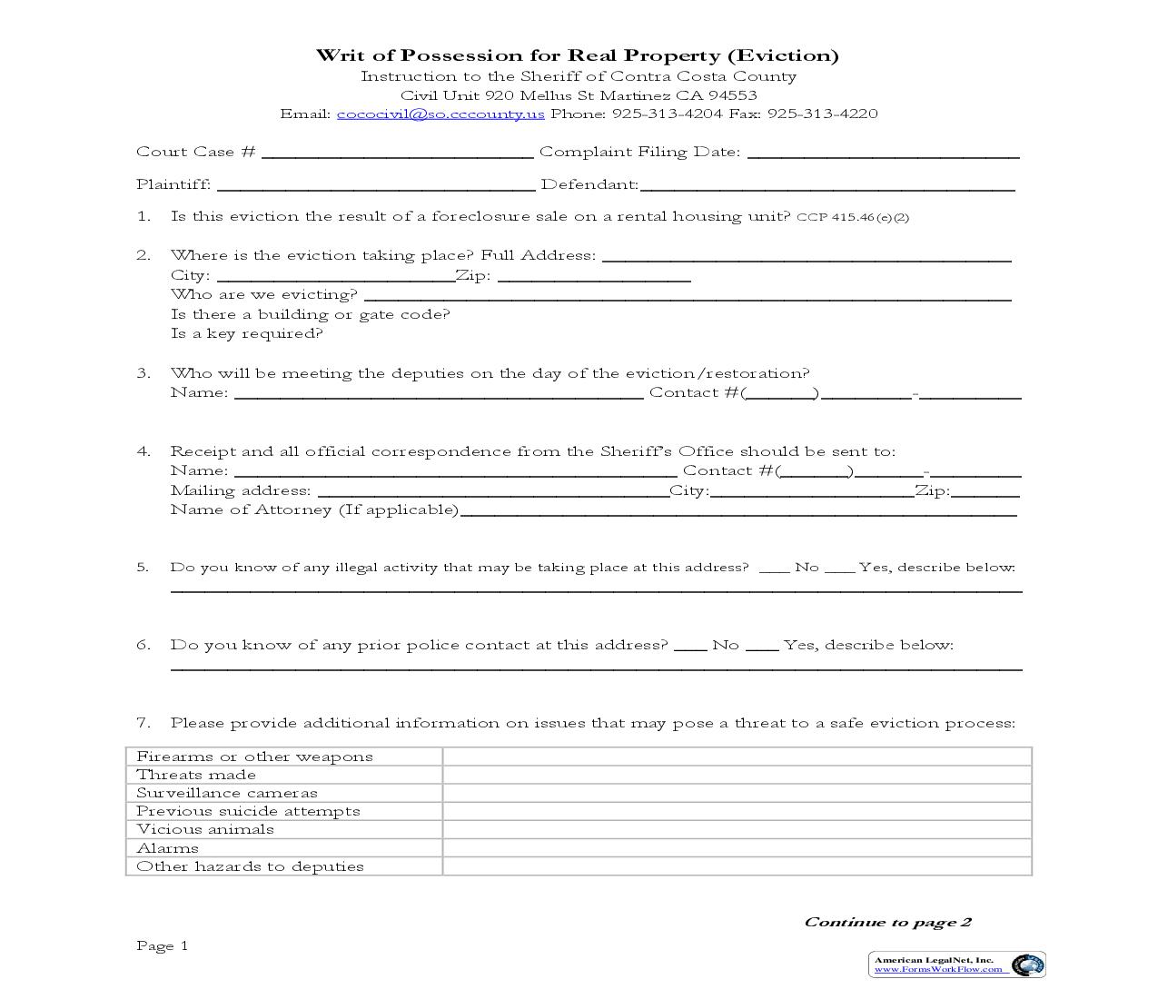 Writ Of Possession For Real Property (Eviction) (Contra Costa) | Pdf Fpdf Doc Docx | California