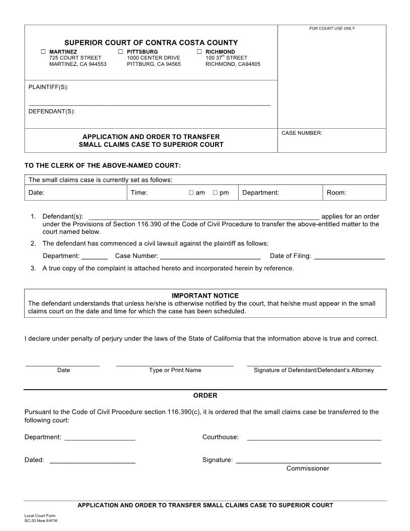 Application And Order To Transfer Small Claims Case To Superior Court {SC-20} | Pdf Fpdf Docx | California