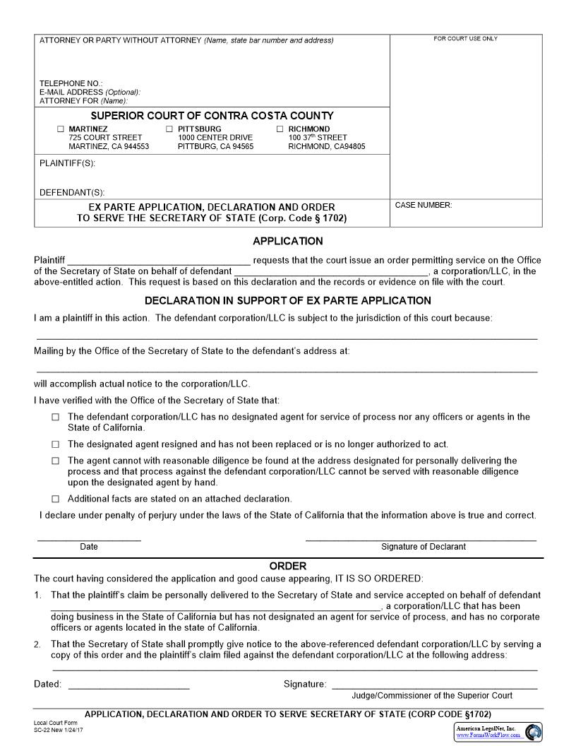Application Declaration And Order To Serve Secretary Of State {SC-22} | Pdf Fpdf Docx | California
