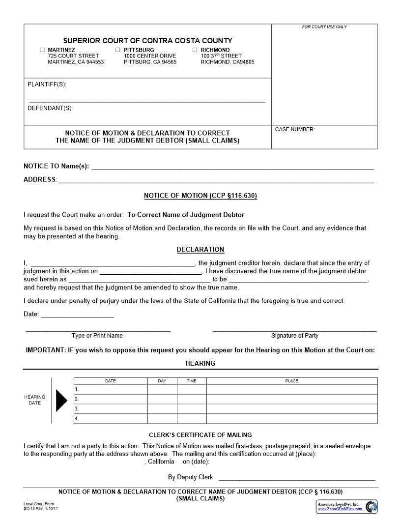 Notice Of Motion And Declaration To Correct Name Of Judgment Debtor {SC-12} | Pdf Fpdf Docx | California
