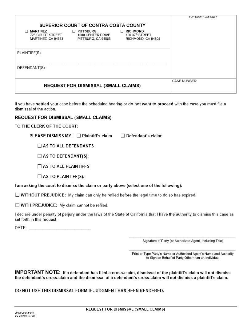 Request For Dismissal (Small Claims) {SC-08} | Pdf Fpdf Docx | California
