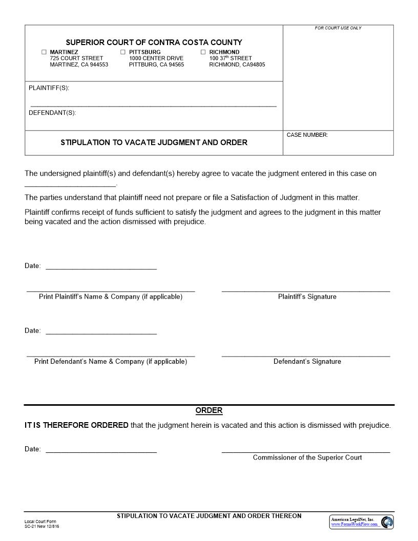 Stipulation To Vacate Judgment And Order Thereon {SC-21} | Pdf Fpdf Docx | California