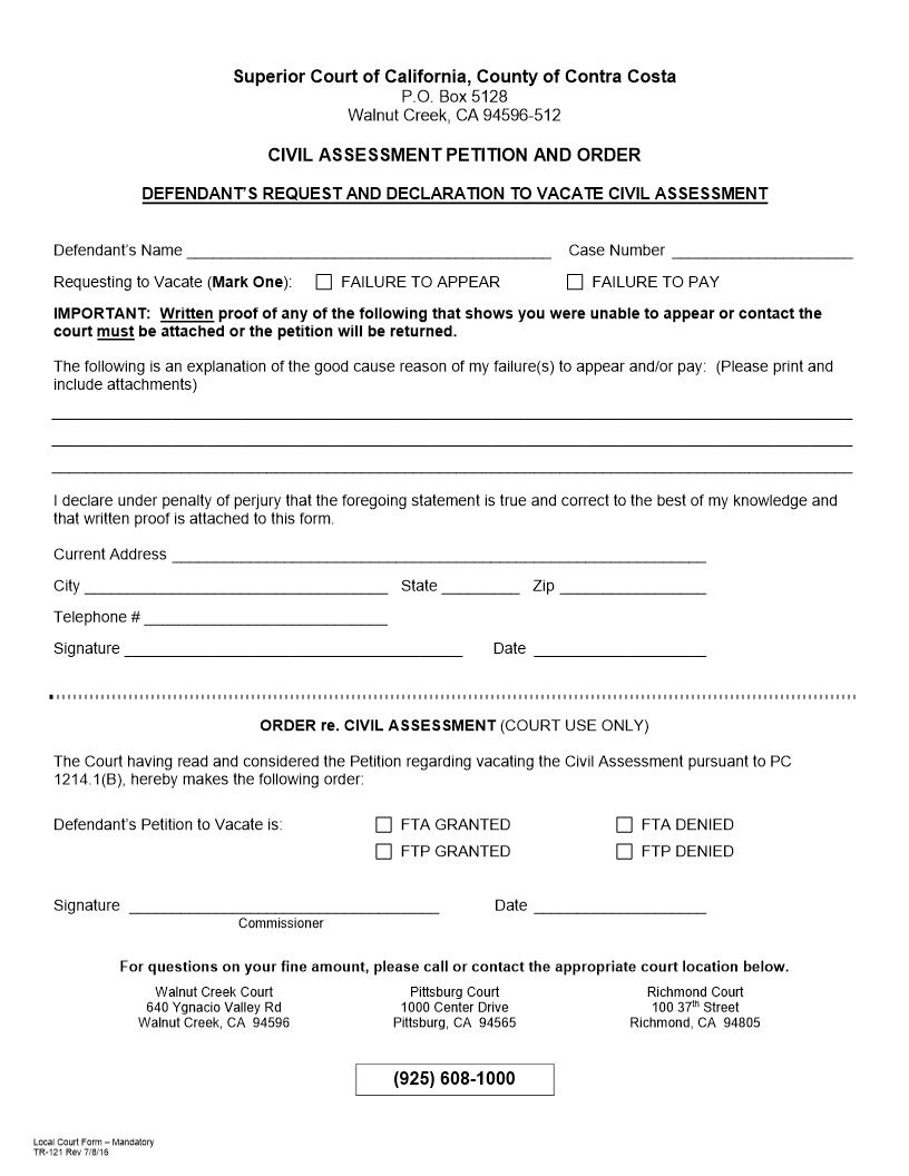 Defendants Request And Declaration To Vacate Civil Assessment {TR-121} | Pdf Fpdf Docx | California