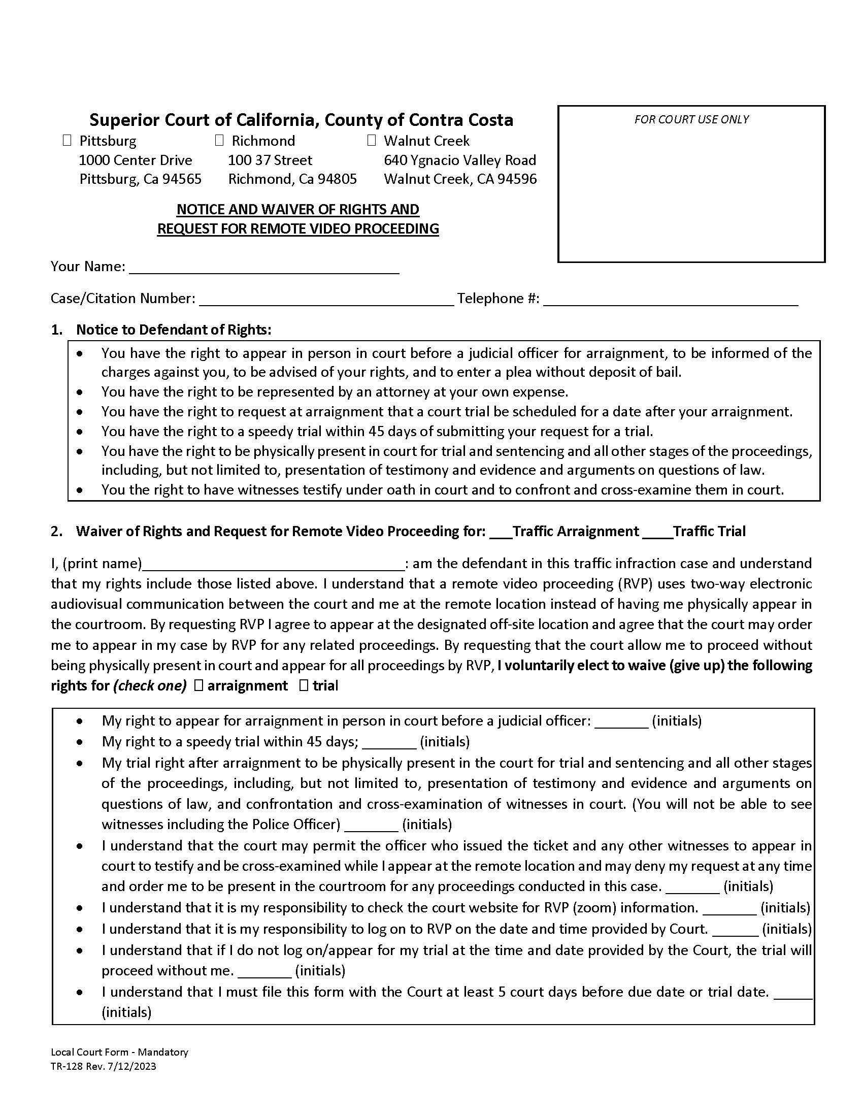 Notice And Waiver Of Rights And Request For Remove Video Proceedings {TR-128} | Pdf Fpdf Docx | California