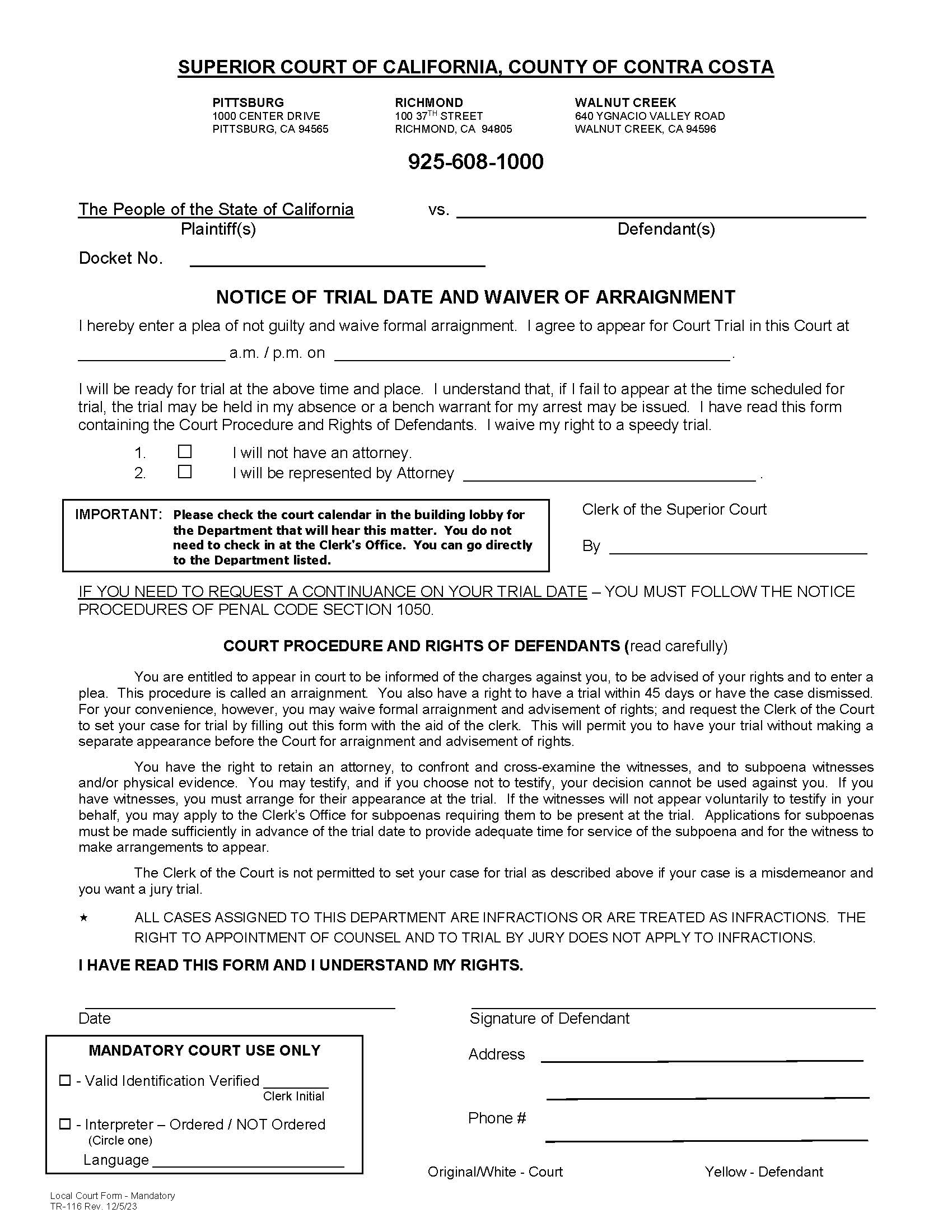 Notice Of Trial Date And Waiver Of Arraignment {TR-116} | Pdf Fpdf Docx | California