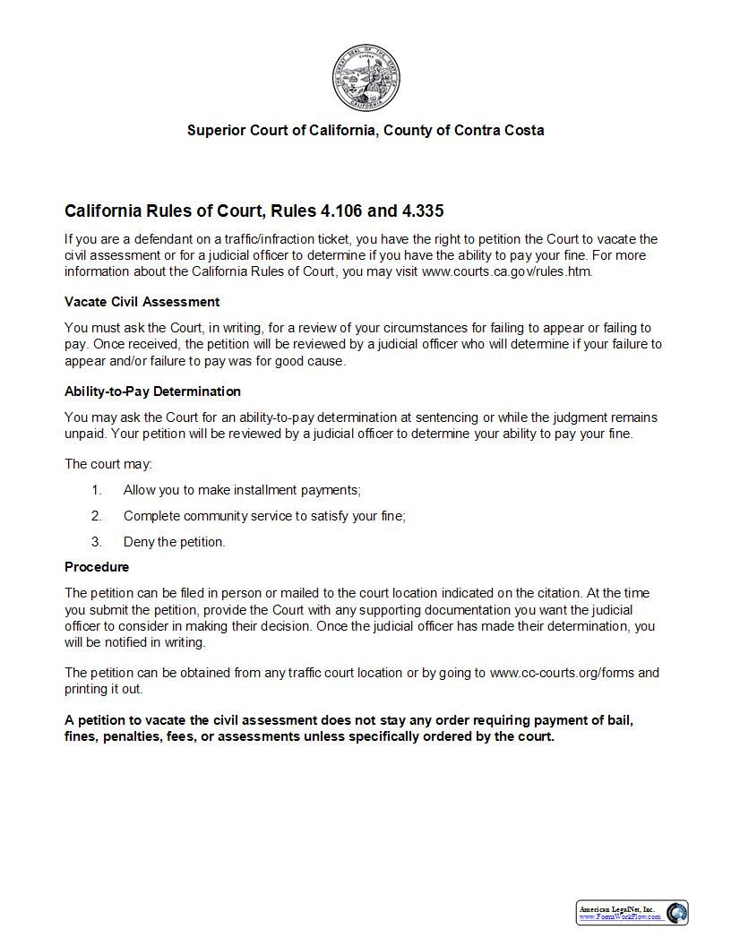 Petition And Order To Vacate Civil Assessment {TR-125} | Pdf Fpdf Docx | California