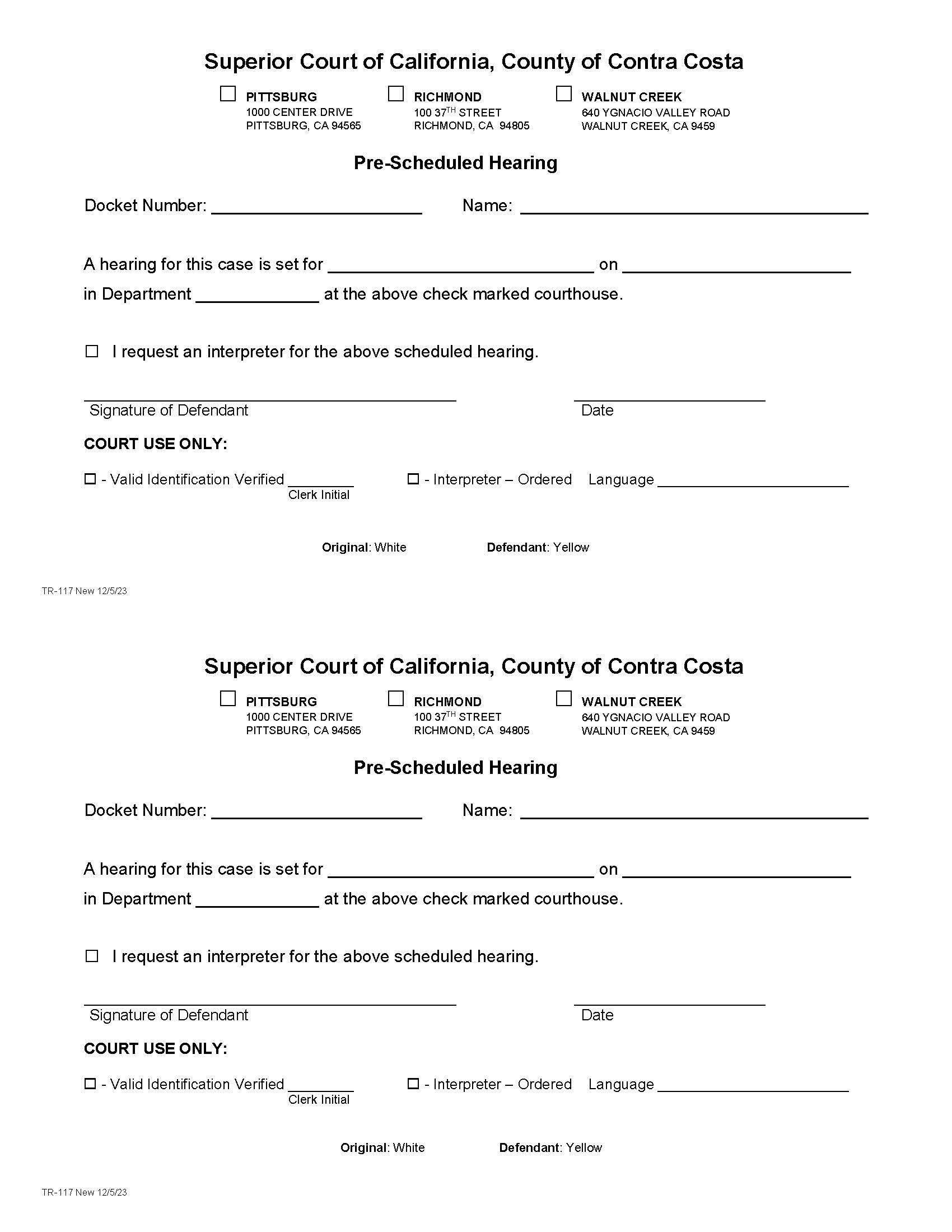 Pre-Scheduled Hearing {TR-117} | Pdf Fpdf Docx | California