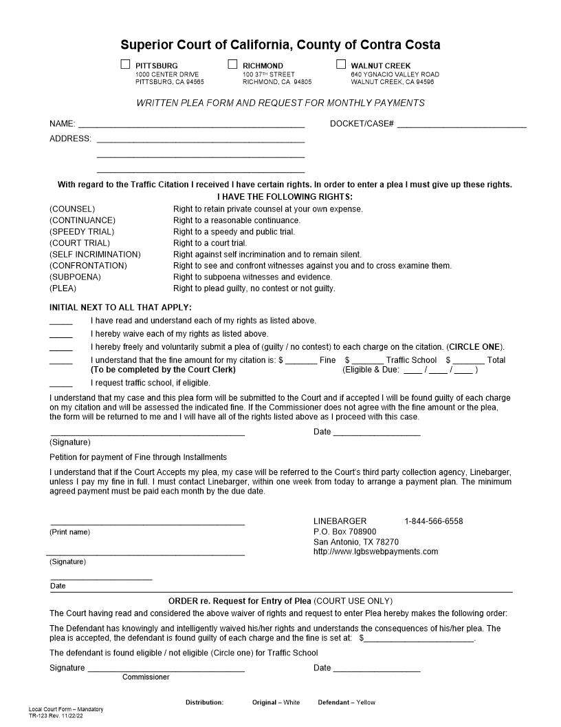 Written Plea Form Request For Payments {TR-123} | Pdf Fpdf Docx | California