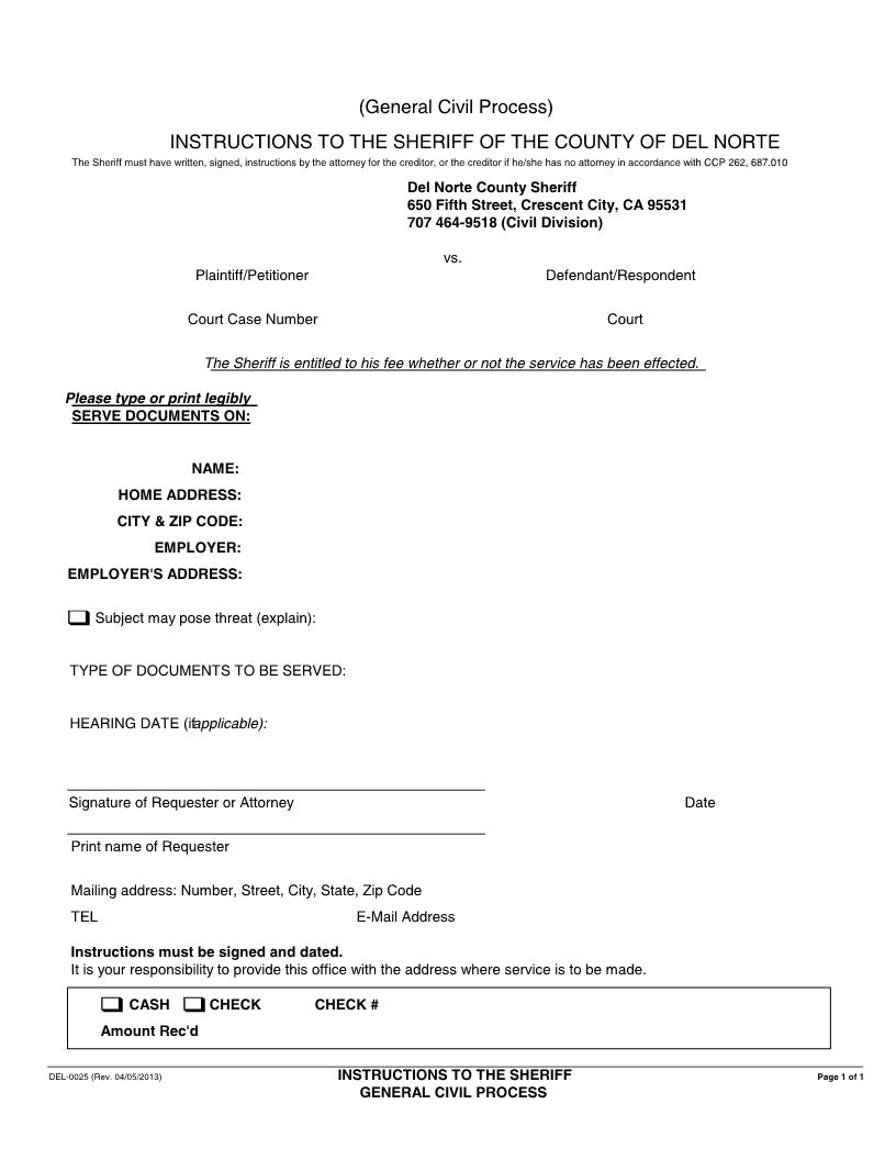 General Civil Process-Instructions to Sheriff {DEL-0025} | Pdf Fpdf Docx | California