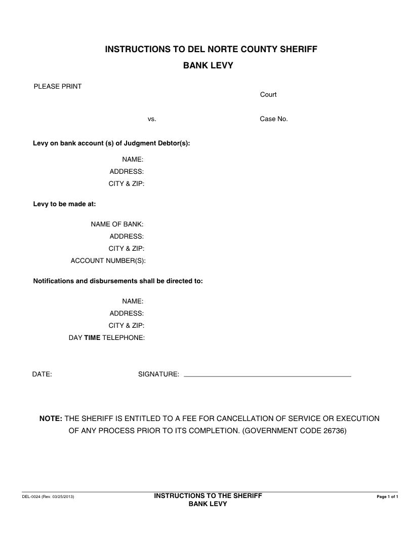 Instructions To Sheriff-Bank Levy {DEL-0024} | Pdf Fpdf Docx | California