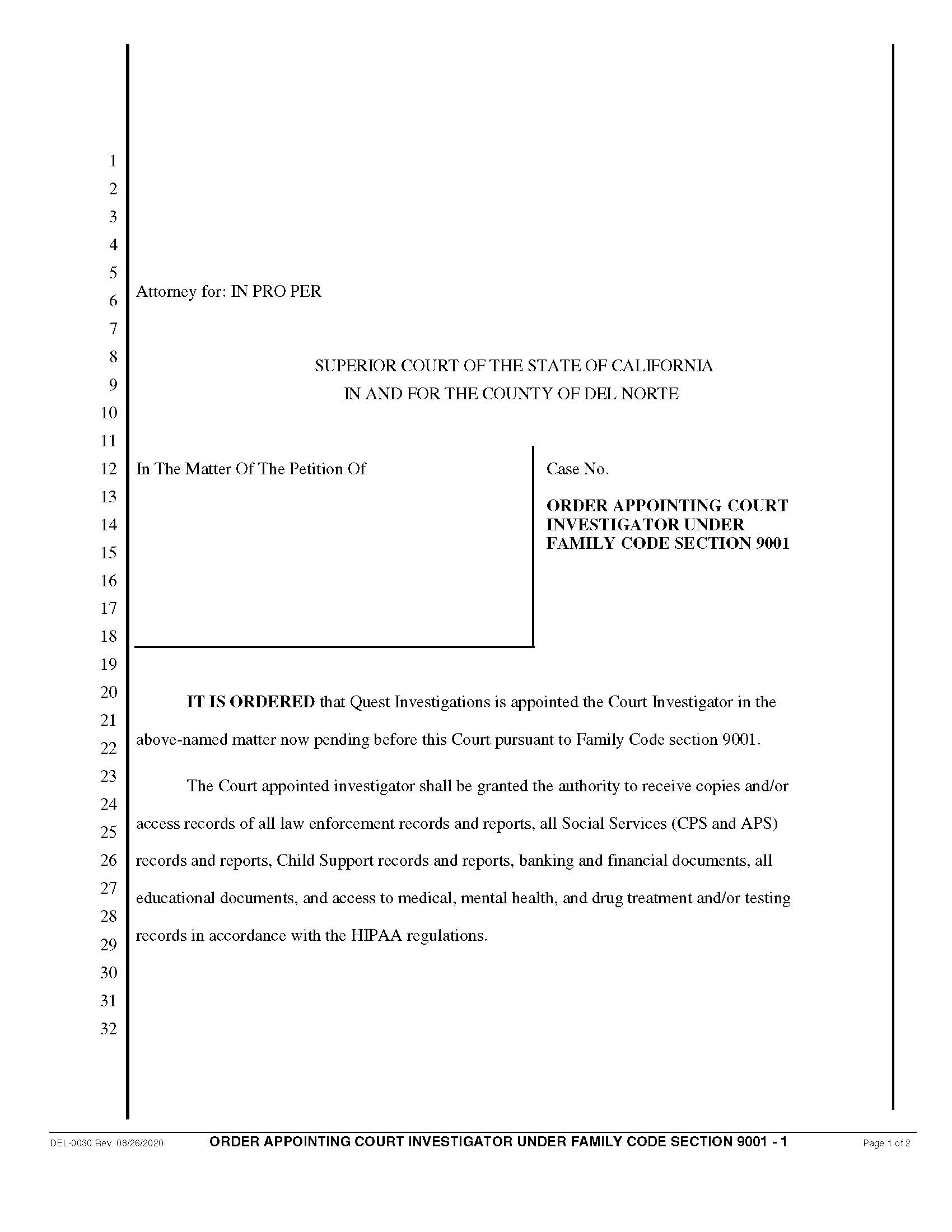 Order Appointing Court Investigator Under Family Code Section 9001 {DEL-0030} | Pdf Fpdf Docx | California